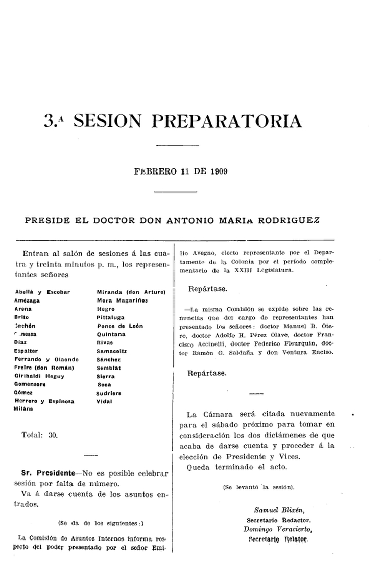 DIARIO DE SESIONES DE LA CAMARA DE REPRESENTANTES del 11/02/1909